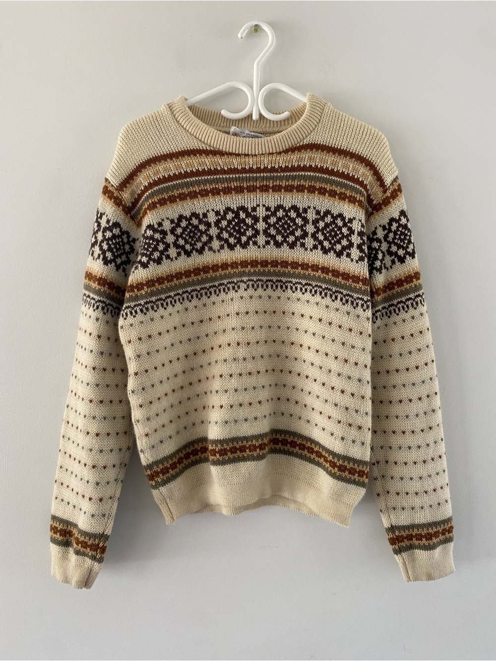 Vintage Purse Virgin Wool Cream Fair Isle Crewneck Sweater - Men